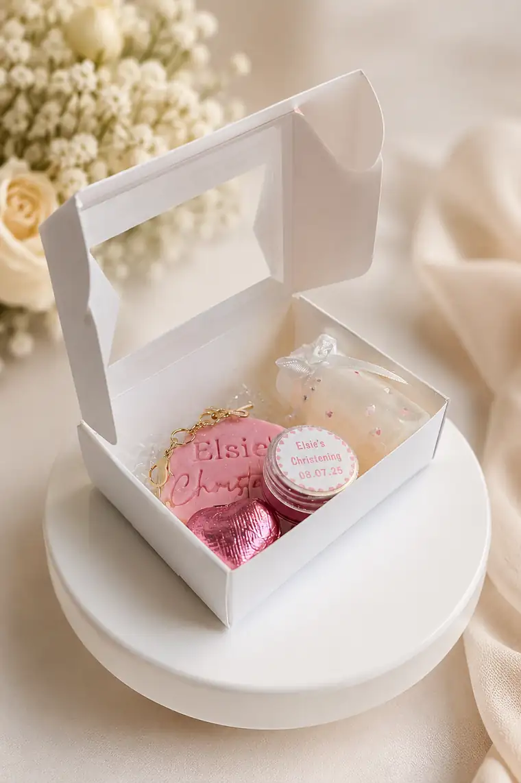 Single white wedding favour box tied with ribbon